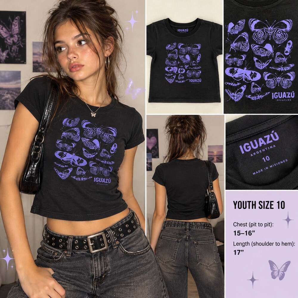Iguazu Butterfly Baby Tee Adult XS Fit Black Purple Y2K Fairy Grunge Crop Top